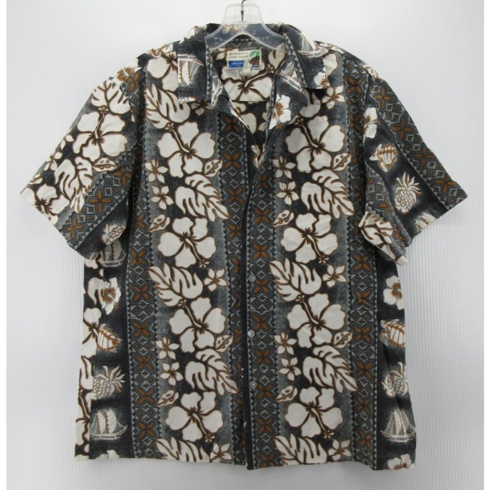 VINTAGE Makapuu Shirt Large Hawaiian Hibiscus Floral Tropical 90s USA *